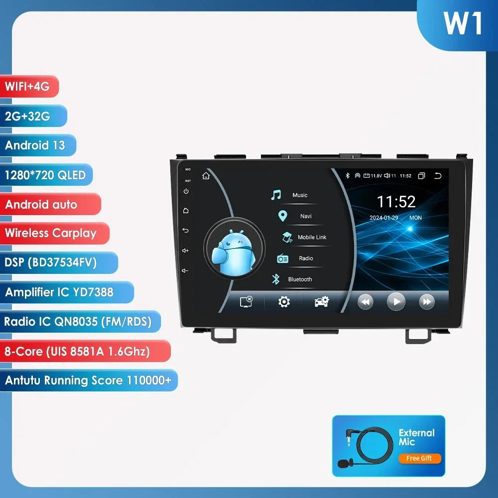 Hizpo Car Radio for Honda CRV CR-V 2007-2011 Multimedia Video Player Navigation Stereo GPS Android 13 Carplay Head Unit No DVD