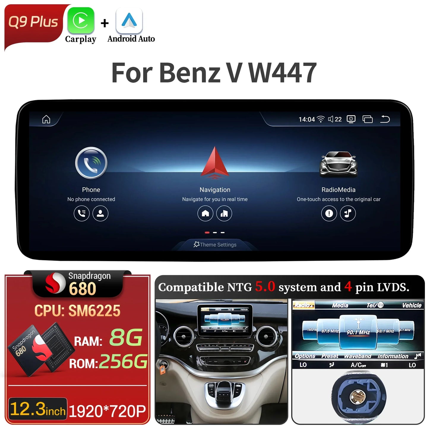 Car Radio For Mercedes Benz V Class W447 V250 V260 V350 Android 14 4G Wireless BT Carplay Snapdragon 680 Head Unit Touch Screen
