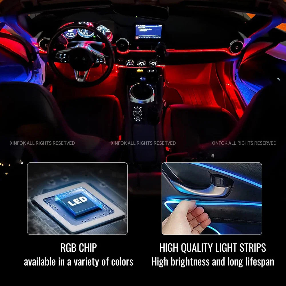 14 in 1 Dual Zone Symphony LED Car Ambient Lights RGB 64 Colors Interior Rainbow Acrylic Strip Neon Atmosphere Lighting Kit App