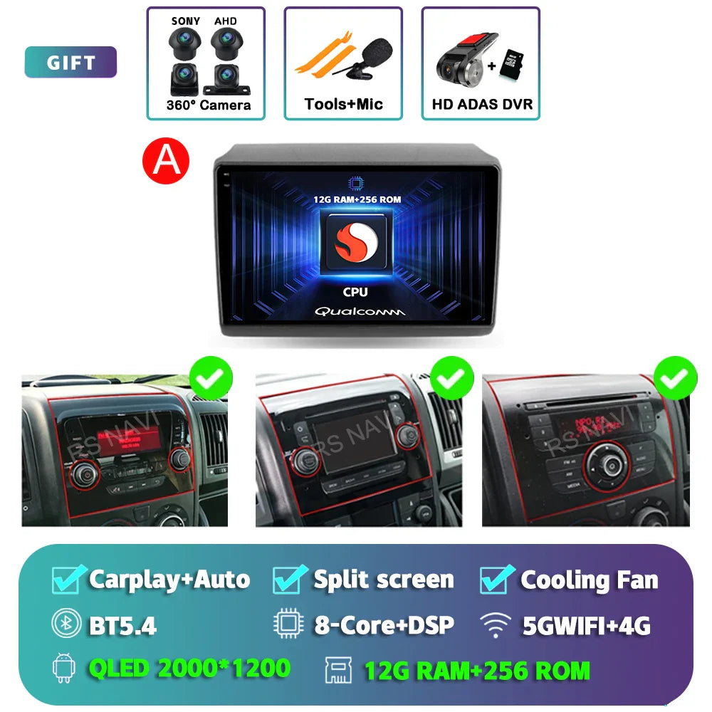 Android 14 Car Radio Carplay Auto GPS Navigation Multimedia Player For Fiat Ducato 2007 - 2015 video Stereo DVD 2 DIN Wifi+4G BT