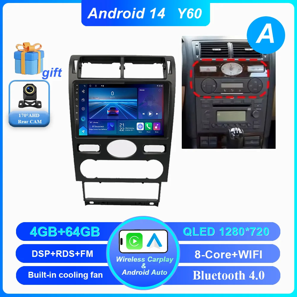 Android 14 Radio Stereo For Ford Mondeo MK 3 2000 2001 2002 2003 2004 2005-2007 Auto Multimedia Player GPS Navigation Bluetooth