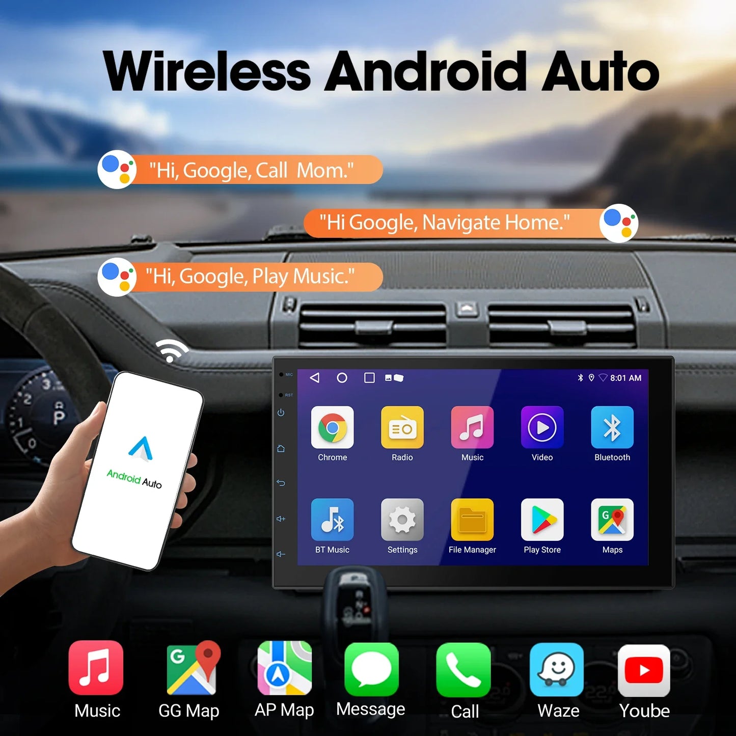 7" Double Din Car Stereo with Wireless CarPlay & Android Auto, Car Radio with BT 4.1/Backup Camera/Mirror Link/GPS/WiFi/FM/AM