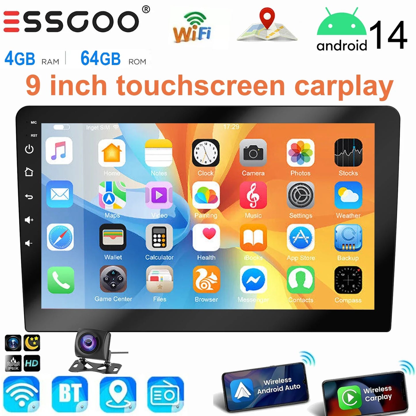 ESSGOO 9 Inch touchscreen 2 DIN Car stereo radio Android 14 Wireless Carplay Android auto play GPS Navi WiFi FM RDS SWC BT USB