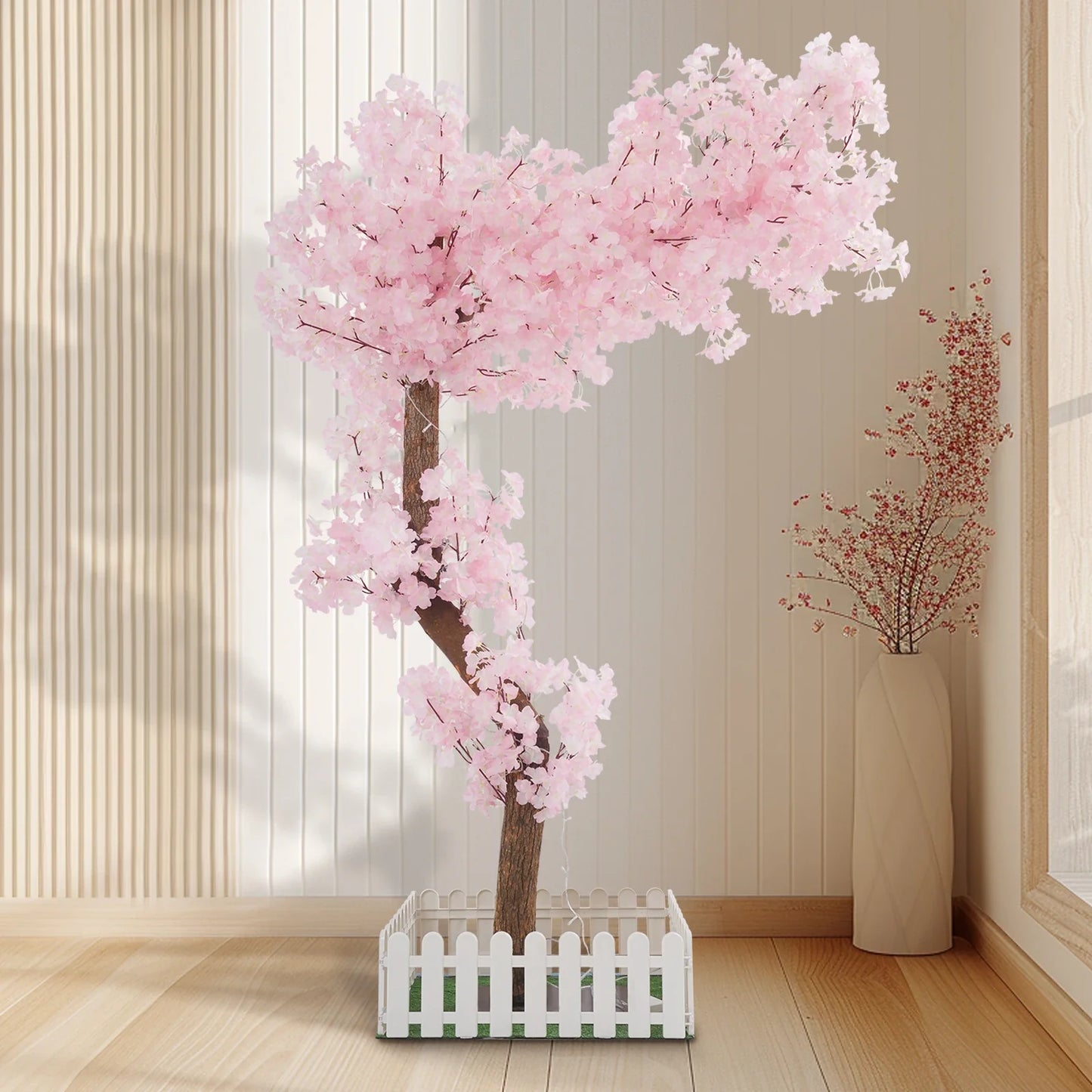 Pink Fake Sakura Tree,Artificial Cherry Tree, Artificial Flowers Home Decoration Wedding Floral Materials with 100*LED Bulbs