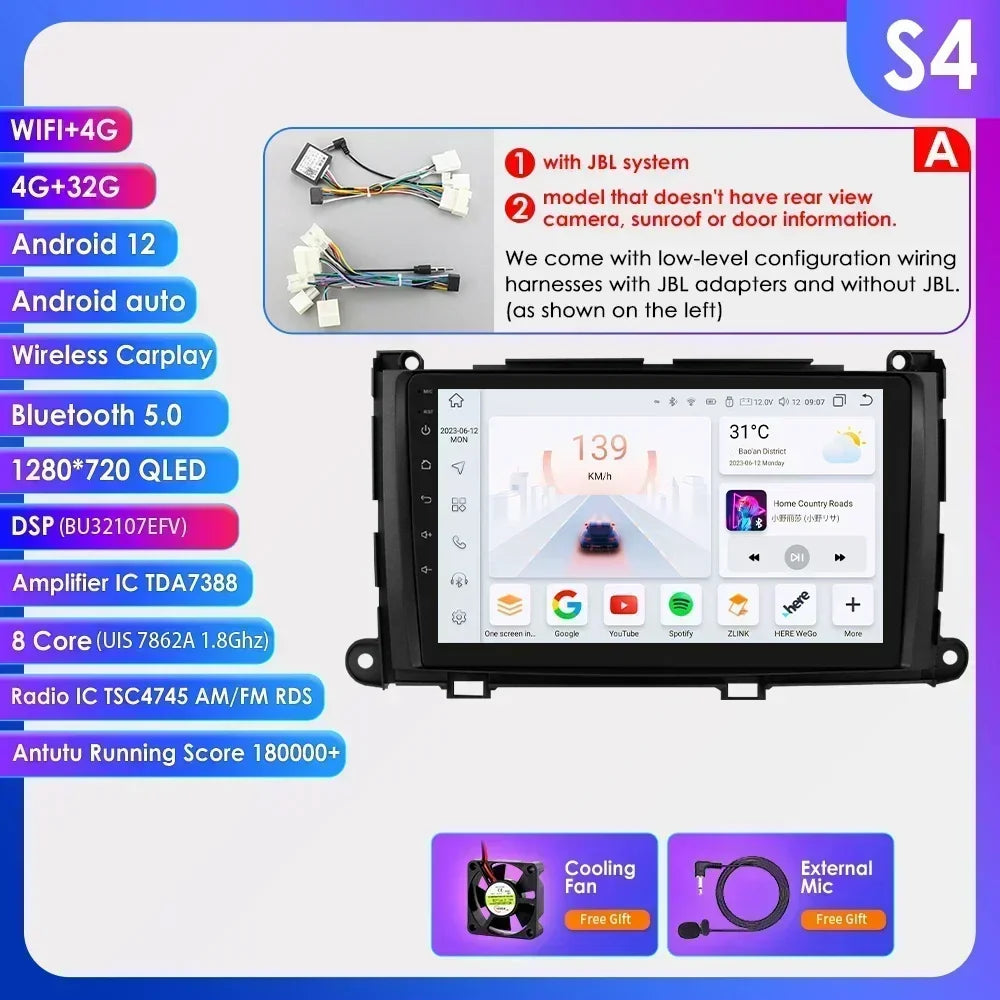 Hizpo For Toyota Sienna XL30 2010-2014 Car Radio Multimedia Video Player Navigation Stereo GPS Android Auto Carplay 8G+128GB RDS