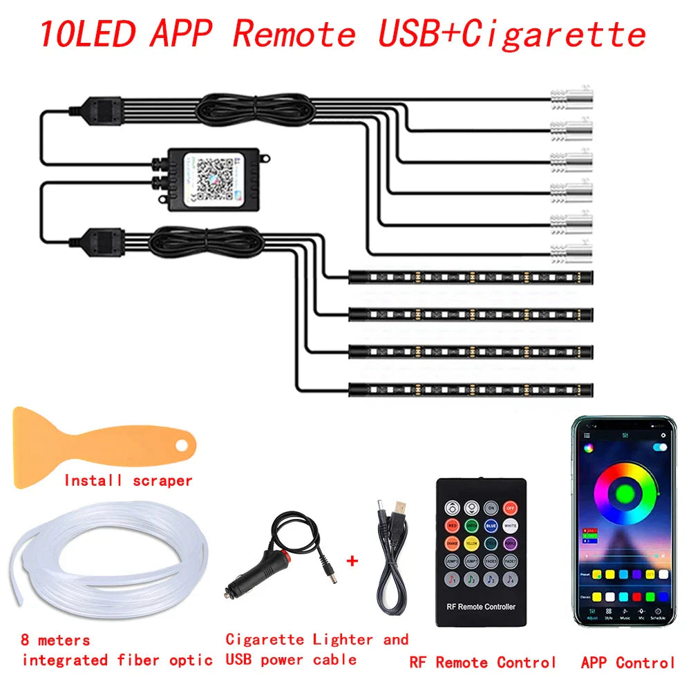 10 in 1 Car LED Interior Ambient Lights RGB Fiber Optic Lighting Kit USB APP Control LED Neon Auto Atmosphere Decorative Lamps