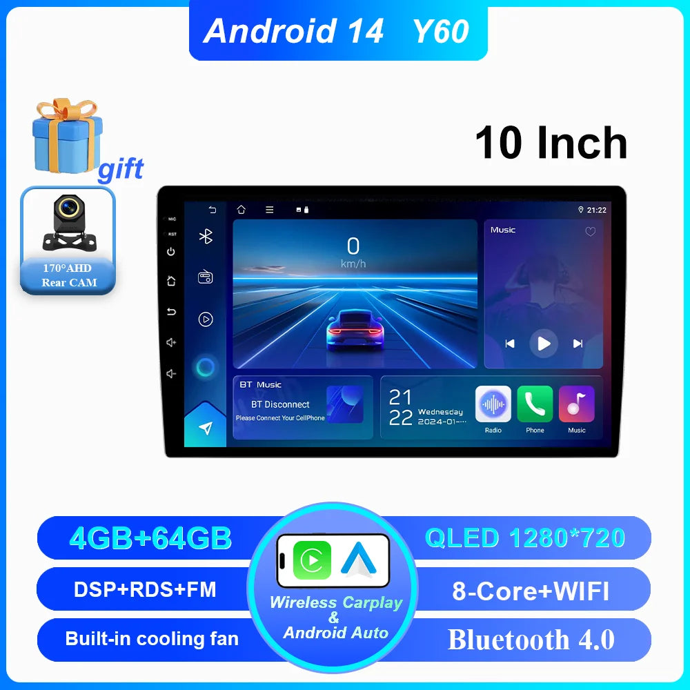 Android 14 CarPlay car radio Android Auto GPS multimedia player 2 DIN universal 9/10 inch Car stereo WiFi player QLED Screen BT