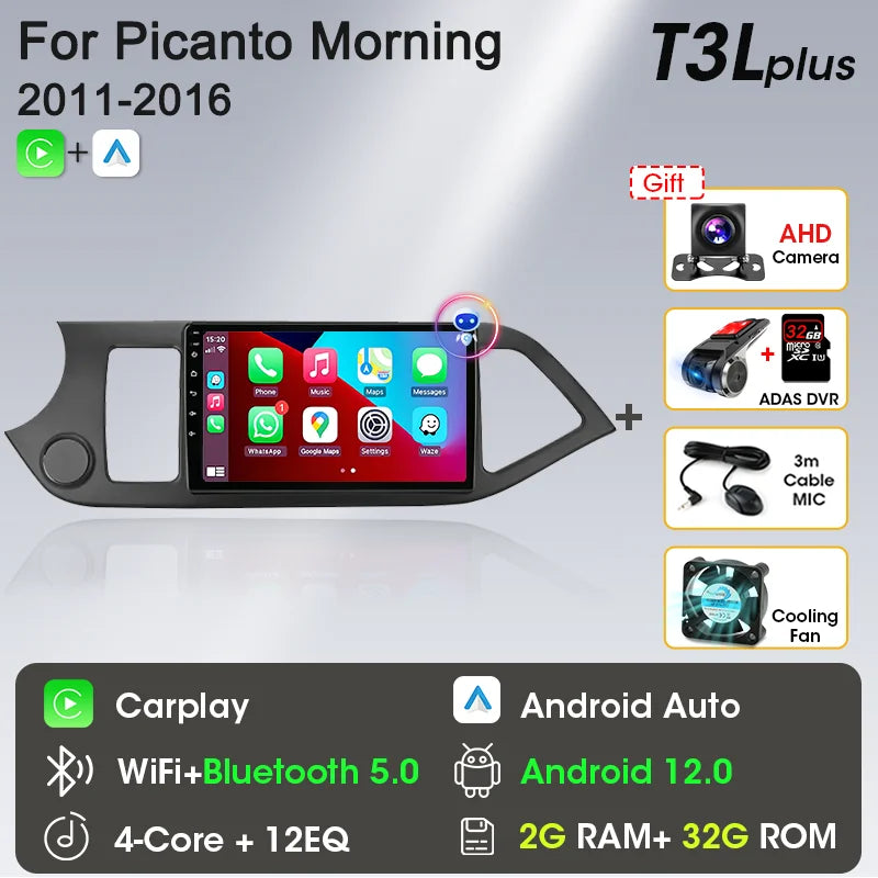 2 Din Android 12 Car Radio Carplay for KIA PICANTO Morning 2 2011 2012 2013 2014 2015 2016 Multimedia Player Navigation DVD Head