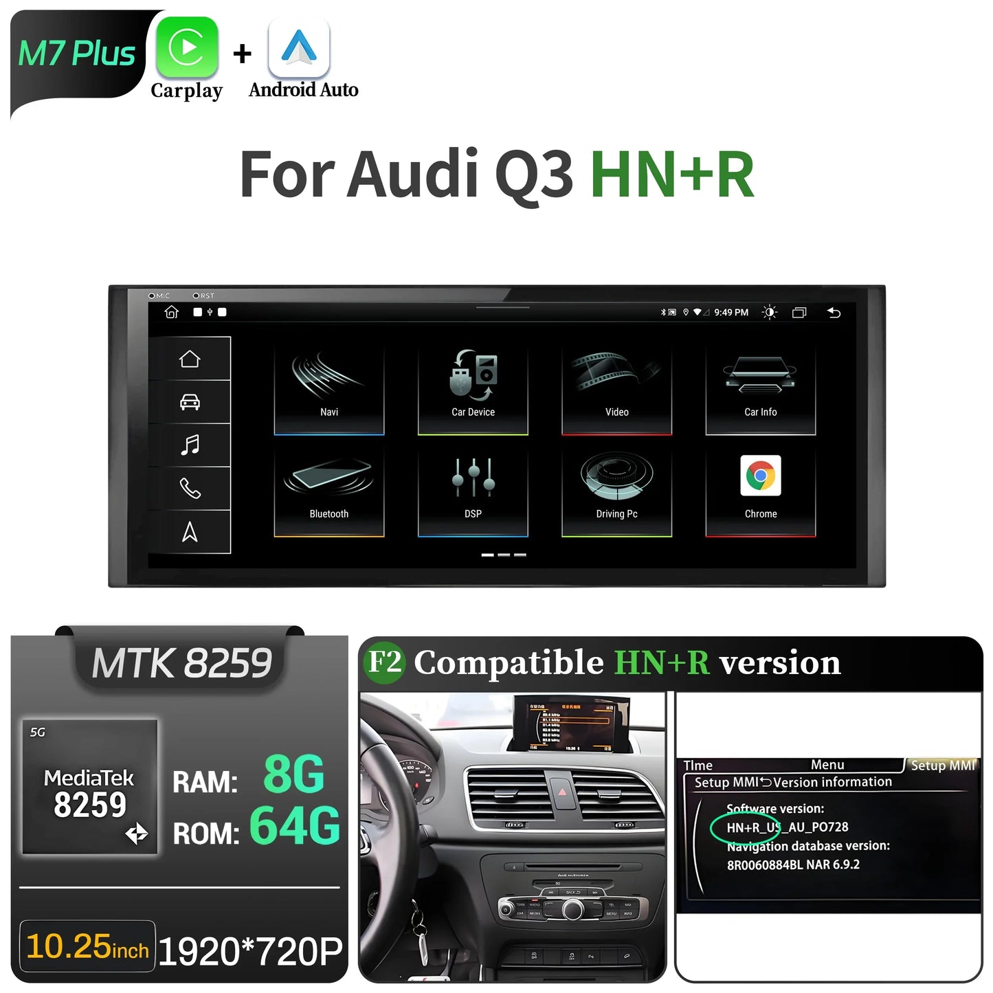 10.25 inch Android 14 For Audi Q3 2011-2018 Car Radio Wireless Bluetooth Carplay Qualcomm Snapdragon 680 Head Unit Touch Screen
