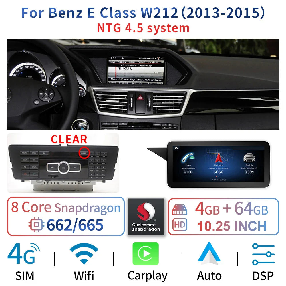 8 Core Android System Car GPS Navi Screen For Mercedes W212 2009-2016 WIFI SIM 8+128GB BT Carplay IPS Screen Multimedia Player