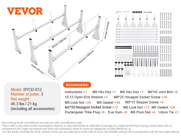 VEVOR Trailer Ladder Rack Adjustable Roof Rack 2/3 Crossbars Van Roof Ladder Rack Fit for Chevrolet 1500 / Ford E150 /GMC Savana