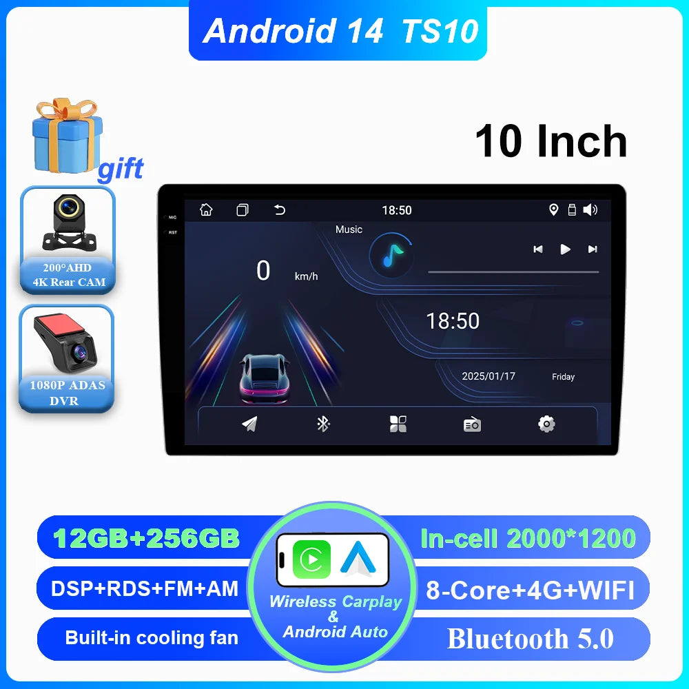 Android 14 CarPlay car radio Android Auto GPS multimedia player 2 DIN universal 9/10 inch Car stereo WiFi player QLED Screen BT