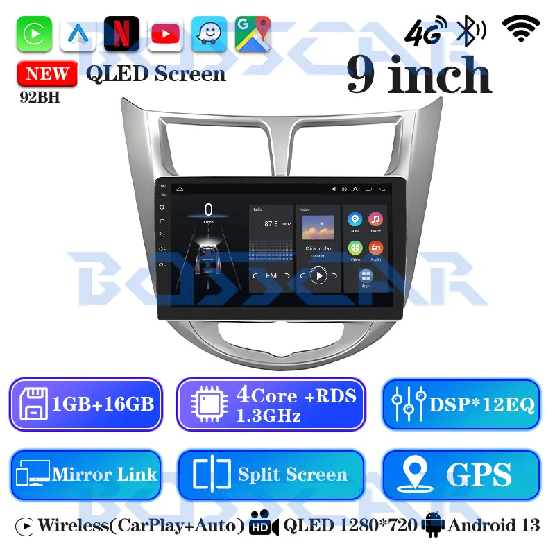 BOSSCAR 9" Car Radio For Hyundai Verna Accent Solaris 2010-2016 2Din Android Car Stereo DVD GPS Navigation Player QLED Carplay