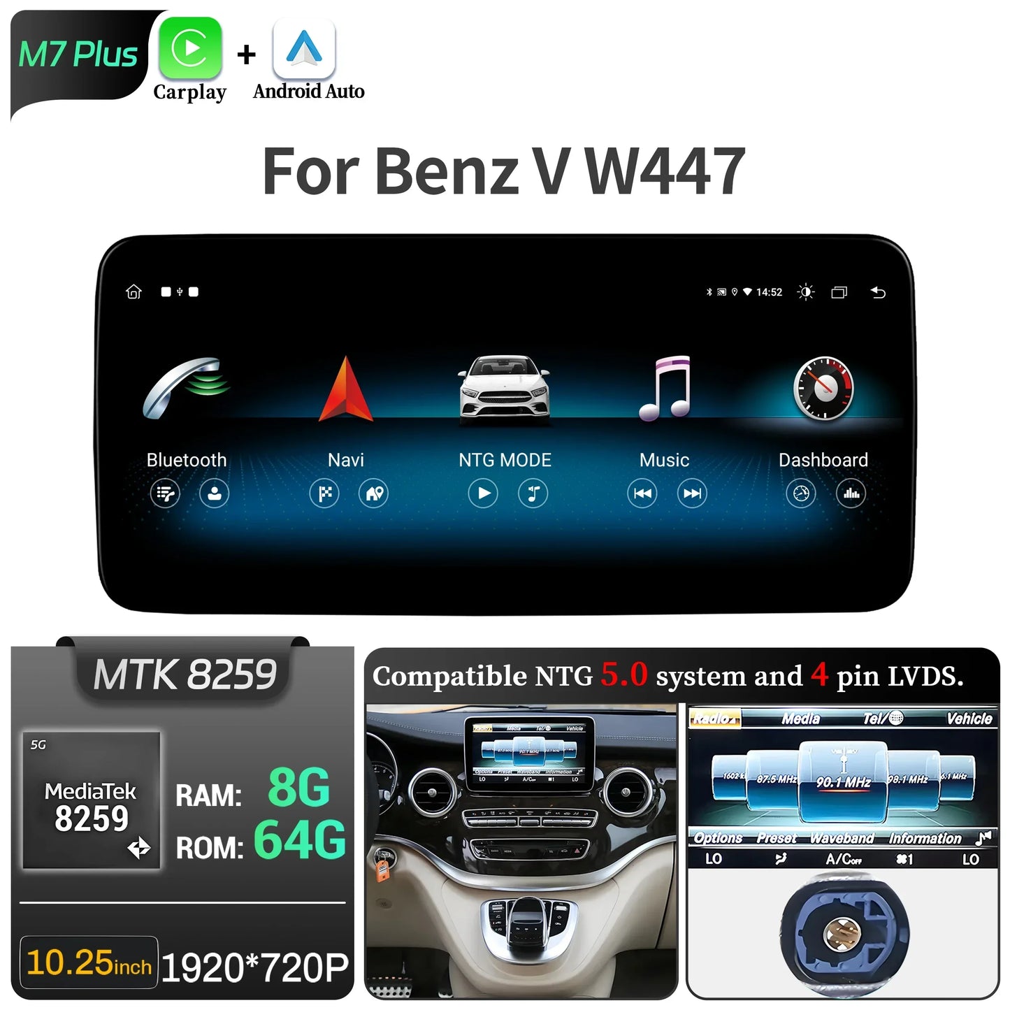 Car Radio For Mercedes Benz V Class W447 V250 V260 V350 Android 14 4G Wireless BT Carplay Snapdragon 680 Head Unit Touch Screen