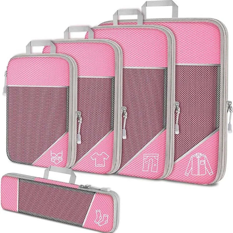 5 Pieces Travel Organizer Bag Set Clothes Compression Cubes For Plane Travel Essentials Storage Bags Suitcase Mesh Packing Cubes