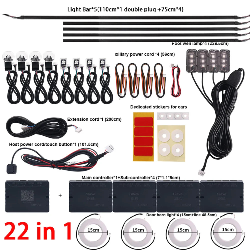 18/22 in 1 Car Hidden Ambient Light Backlight Dual Zone RGB Symphony Acrylic Strips Matt Black Interior Car Ambient Lamp APP 12V