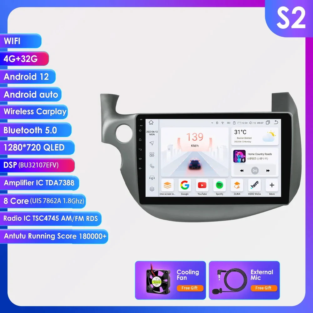 Hizpo 2 Din Android 13 Car Radio For HONDA FIT JAZZ 2007-2013 Multimedia Video Player AI Voice Wireless CarPlay Auto Head Unit