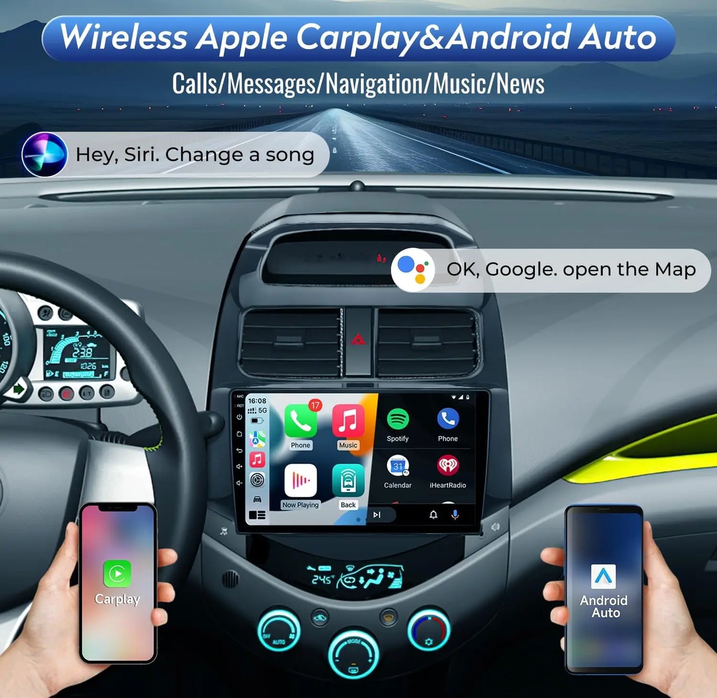 Car Radio Stereo for Chevy Spark 2013-2015 Android 13 Touch Screen 9 Inch Android Auto/CarPlay Bluetooth WiFi GPS Navigation