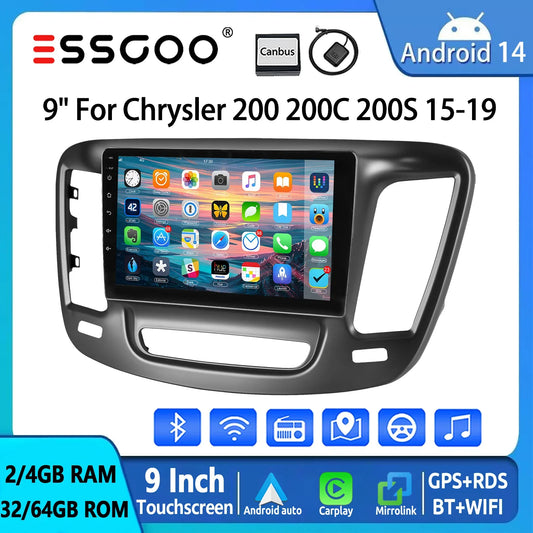 ESSGOO 9" Android 14 For 15-19 Chrysler 200 200C 200S Carplay Android Auto Car Radio GPS Navi Wifi FM BT SWC Multimedia Player