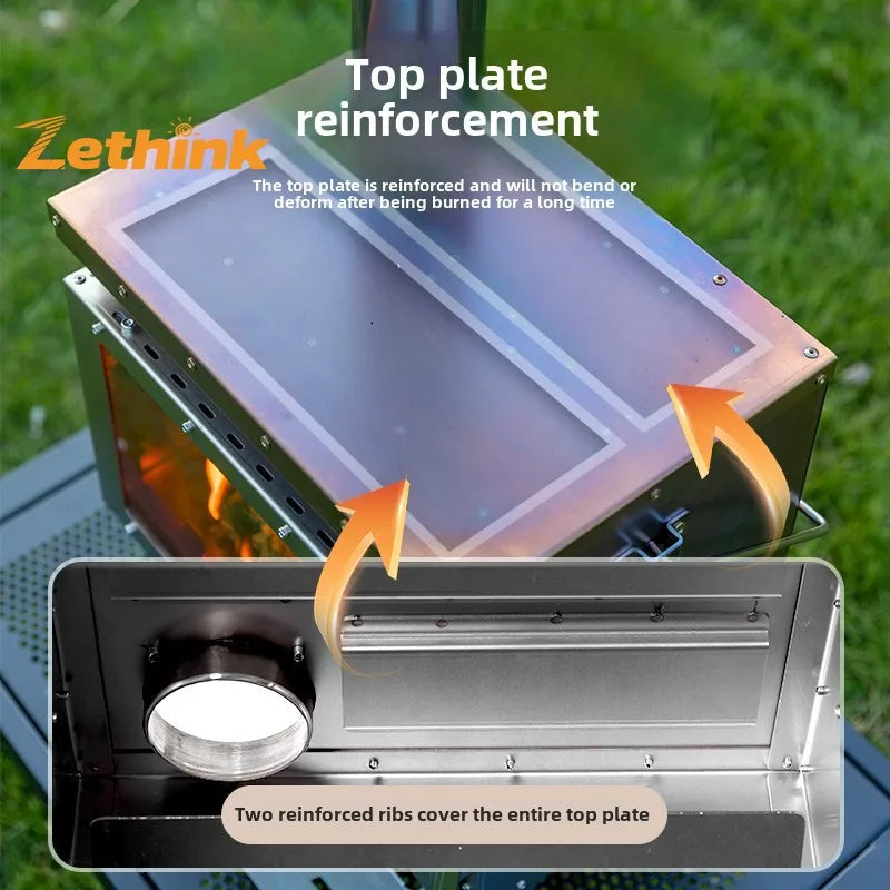 Camping Tent Stove Stainless Steel Smokeless Fireplace Secondary Burning Wood Stove Large Glass Window Firewood Heater