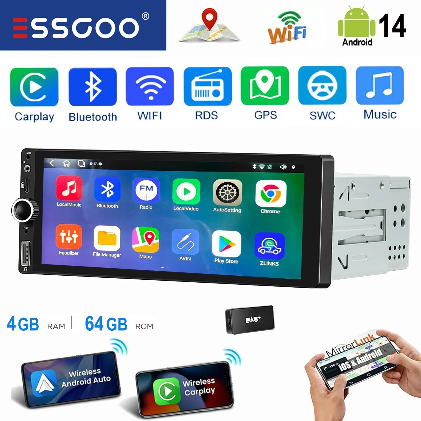 ESSGOO 6.86" Android 14 4+64G Universal Single DIN Car Stereo Radio CarPlay Android Auto BT USB SWC Wifi FM GPS Navi Mirror link