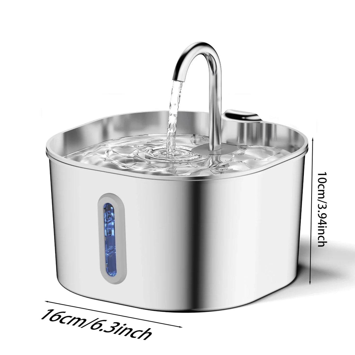 ZYFeeder 2.2L Automatic Cat Water Fountain Square Stainless Steel Pet Water Feeder Dog Water Fountain with window(No 5V 1A Plug)