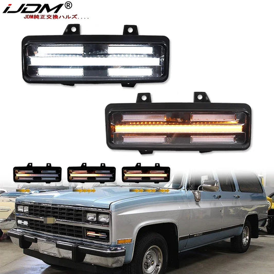 iJDM For Chevy GMC Van Jimmy Pickup Truck Front Bumper Sequential Amber Turn Signals Lights Assembly White LED as DRL