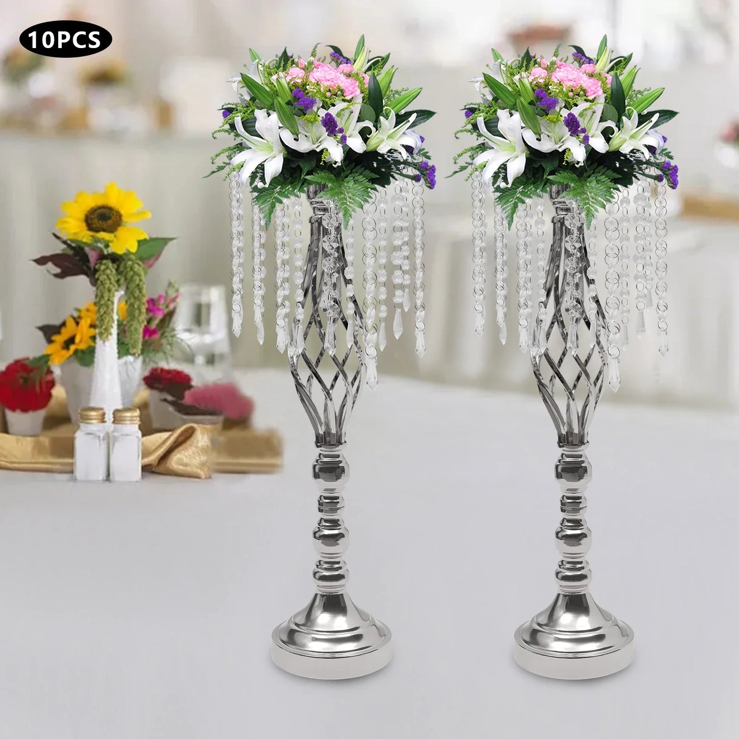 10pcs Crystal Flower Stand Wedding Centerpiece Crystal Metal Flower Vase for Reception Tables Wedding Supplies Gold/Silver