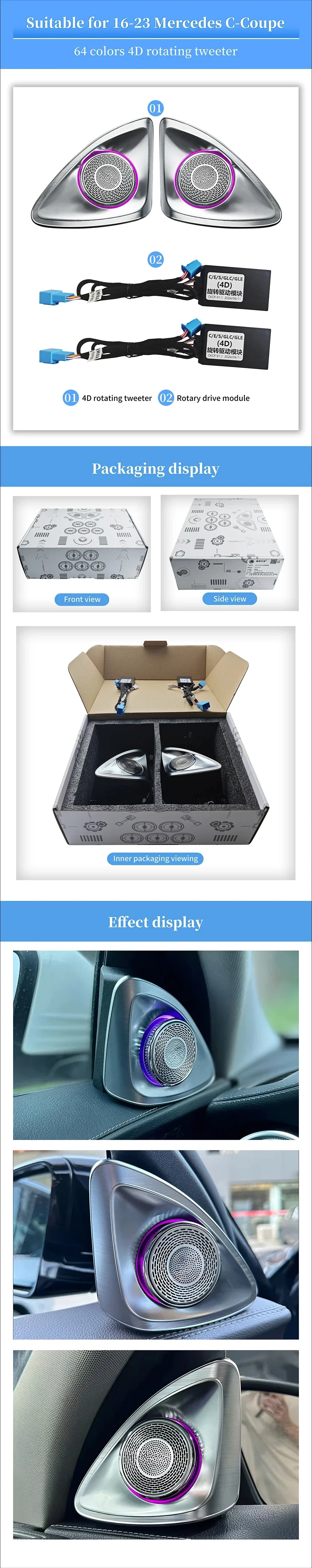 For Mercedes Benz C-Coupe 2015-2021 C205 4D Rotating Tweeter Speaker 64 colors LED Ambient Light