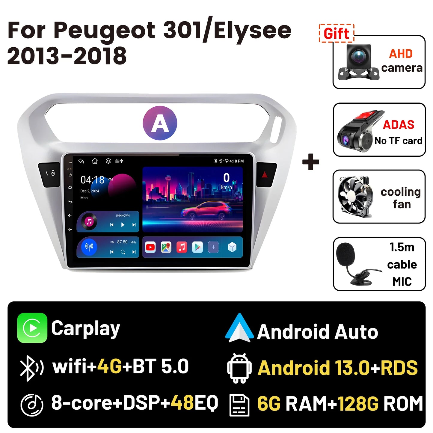 Wireless CarPlay Android Auto Car Bluetooth Radio For Peugeot 301 Citroen Elysee 2013-2018 2Din Android 14 DSP GPS FM Autoradio