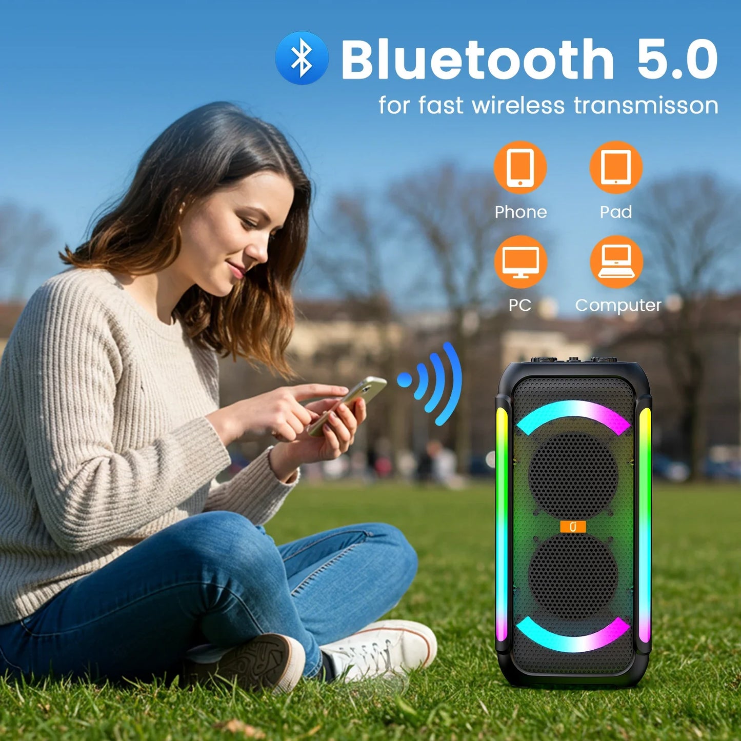 FanFun Karaoke Machine Microphones for Adults, Big Bluetooth Party Speaker with LED Disco Light, Perfect for Outdoor, Home