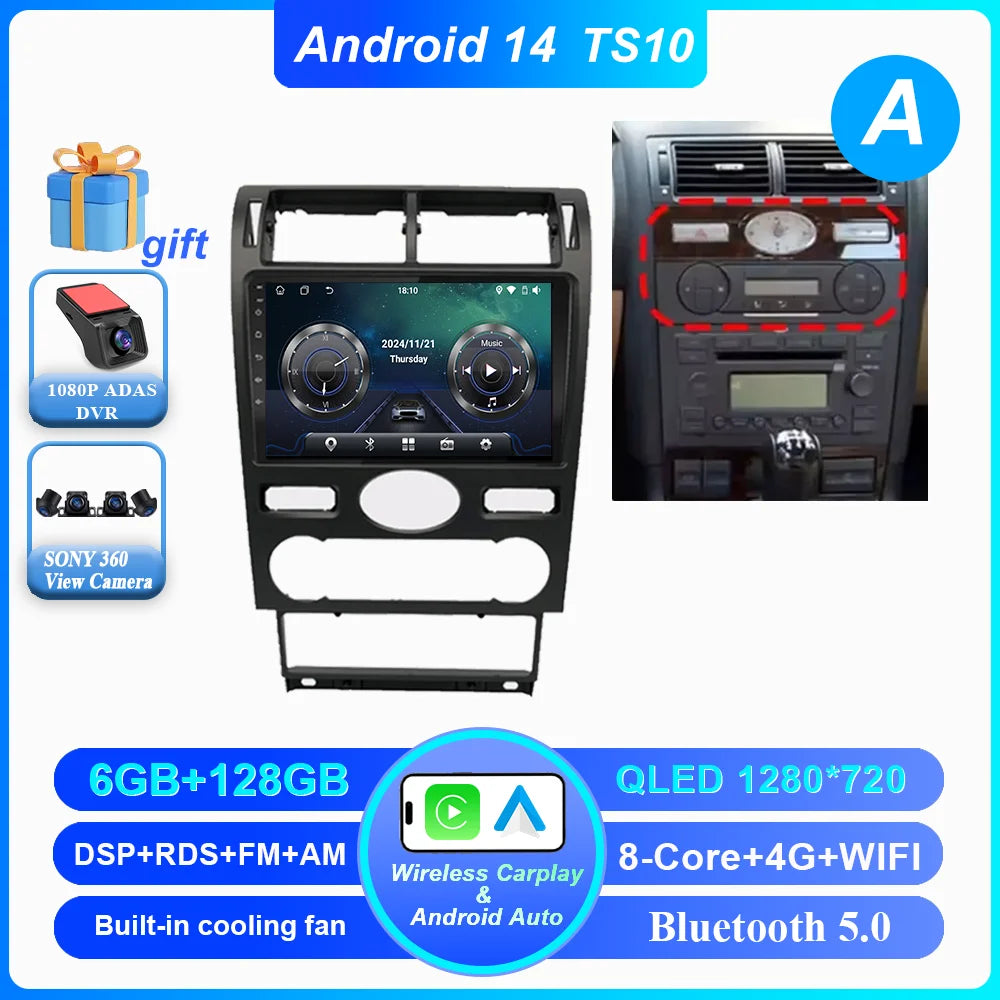 Android 14 Radio Stereo For Ford Mondeo MK 3 2000 2001 2002 2003 2004 2005-2007 Auto Multimedia Player GPS Navigation Bluetooth
