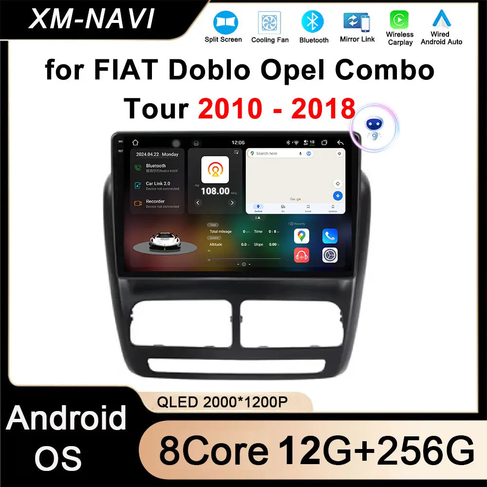 Android 14 Car Radio GPS Navigation For FIAT Doblo Opel Combo Tour 2010 2011 2012 - 2015 2018 Stereo Video Player Carplay Auto