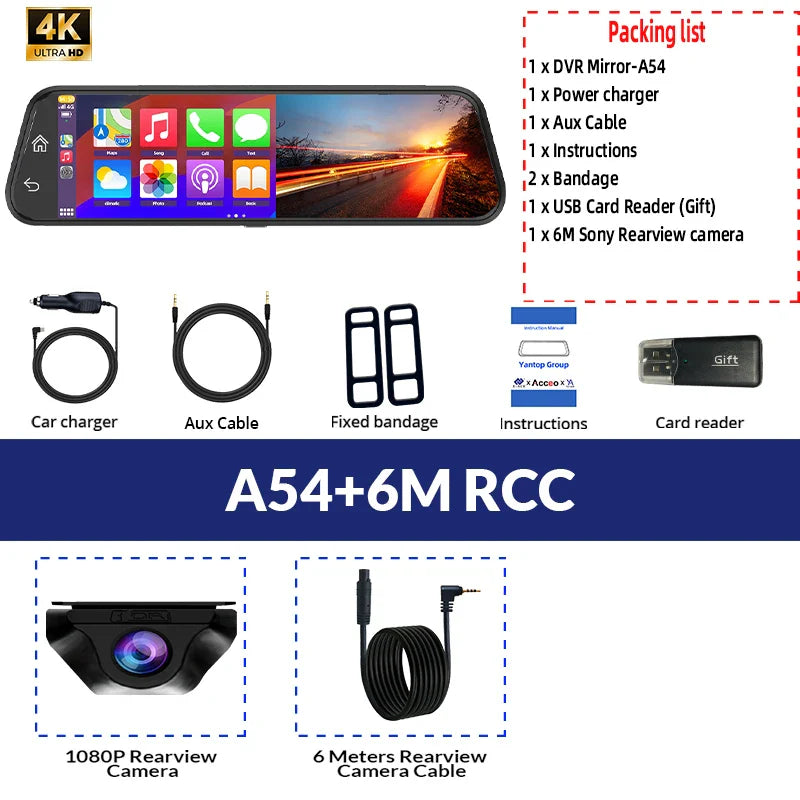 E-ACE 10” 4K Car Dvr Mirror Wireless Carplay & Android Auto Dashcam Video Recorder 1080P Rear View Camera GPS WIFI