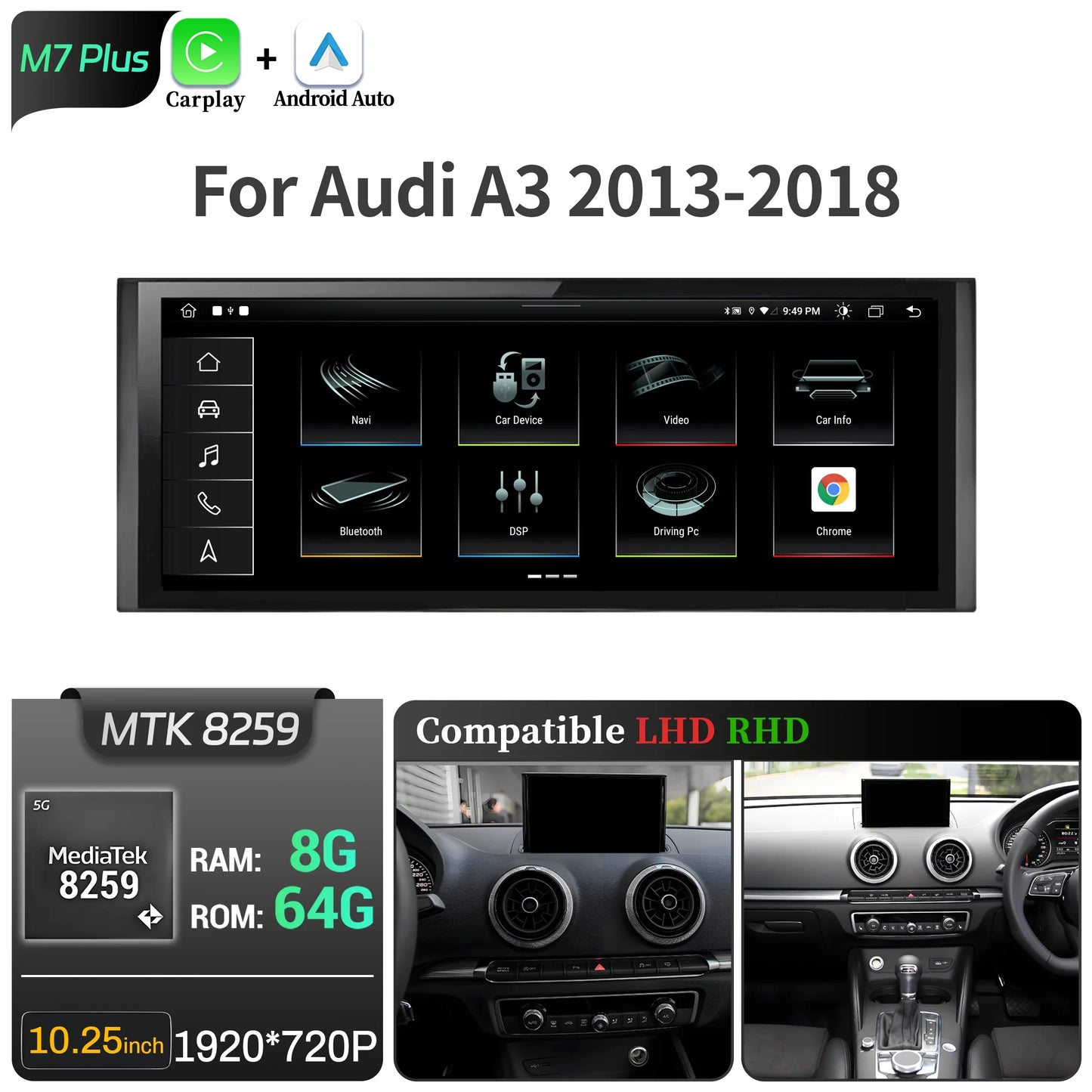 10.25 inch Android 14 For Audi A3 2013-2018 Car Radio Wireless Bluetooth Carplay Head Unit Qualcomm Snapdragon 680 Touch Screen