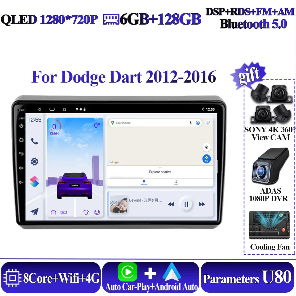 Wireless Android Auto Carplay For Dodge Dart 2012-2016 Car Multimedia Player 5G Wifi GPS Intelligent System 8 core Touch Display