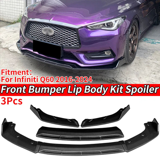 For Infiniti Q60 2016-2024 Car Front Bumper Lip Body Kit Chin Spoiler Diffuser Protector Deflector Guard Carbon Fiber Look ABS