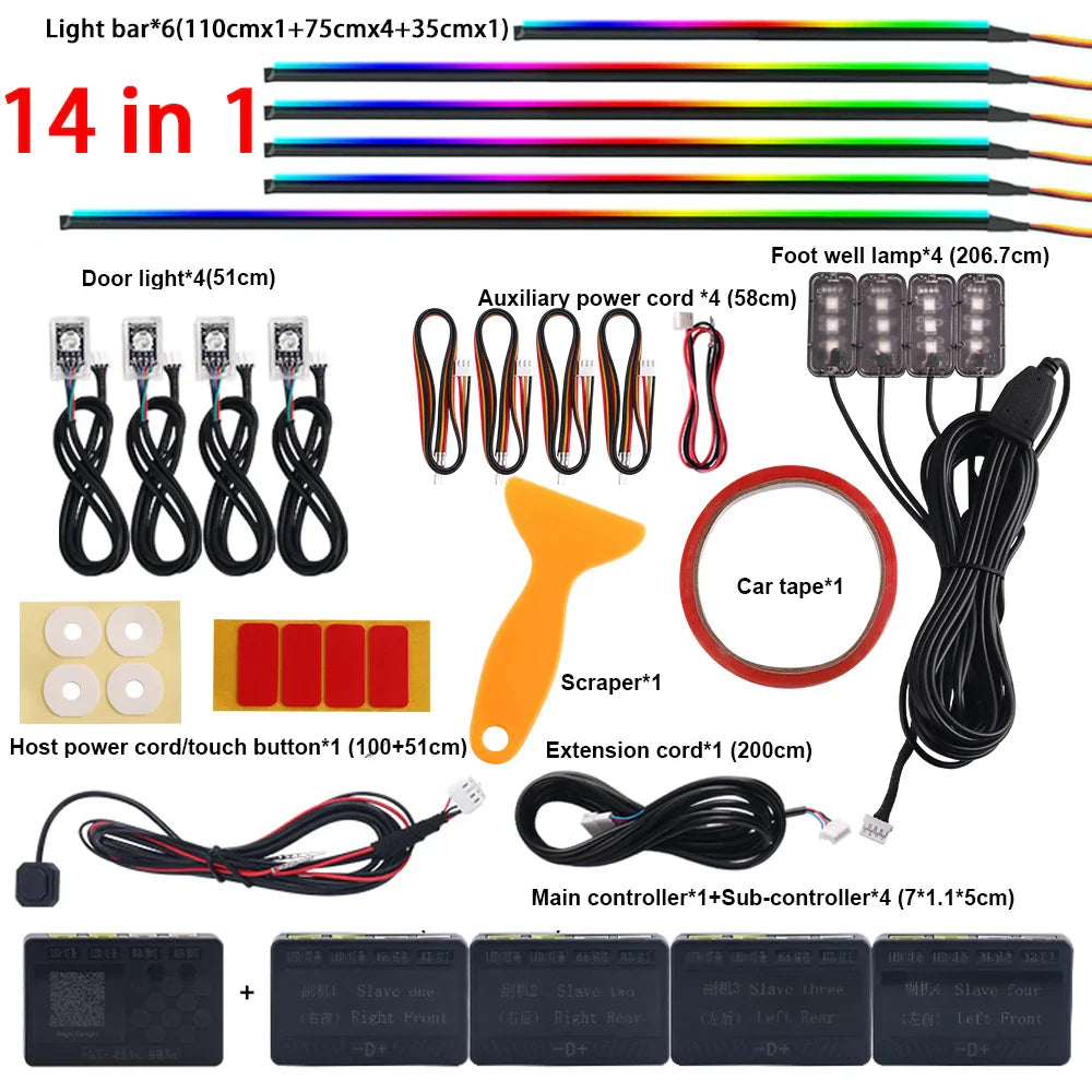 18/22 in 1 Car Hidden Ambient Light Backlight Dual Zone RGB Symphony Acrylic Strips Matt Black Interior Car Ambient Lamp APP 12V