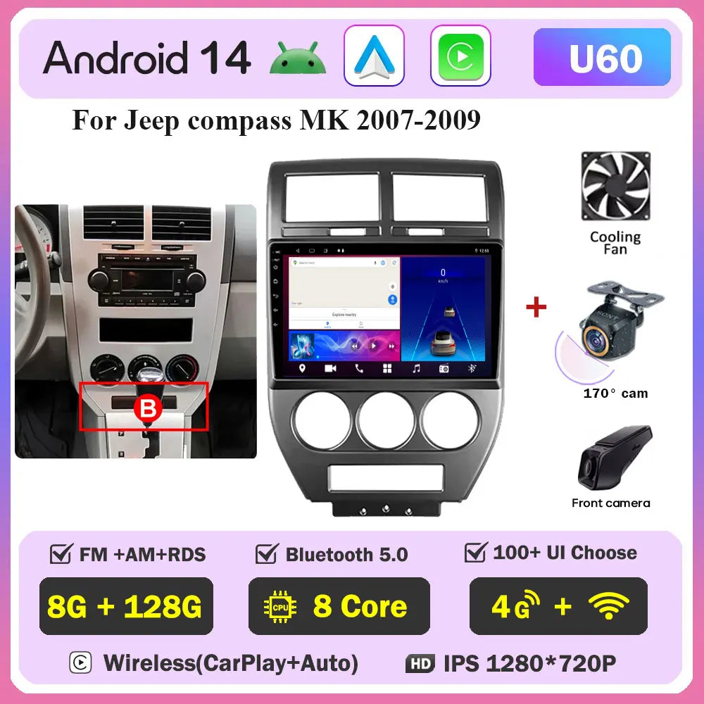 Android 14 Car For Dodge Caliber 2007-2010 For Jeep compass MK 2007-2009 stereo Radio Wireless Carplay Android Auto Radio Stereo