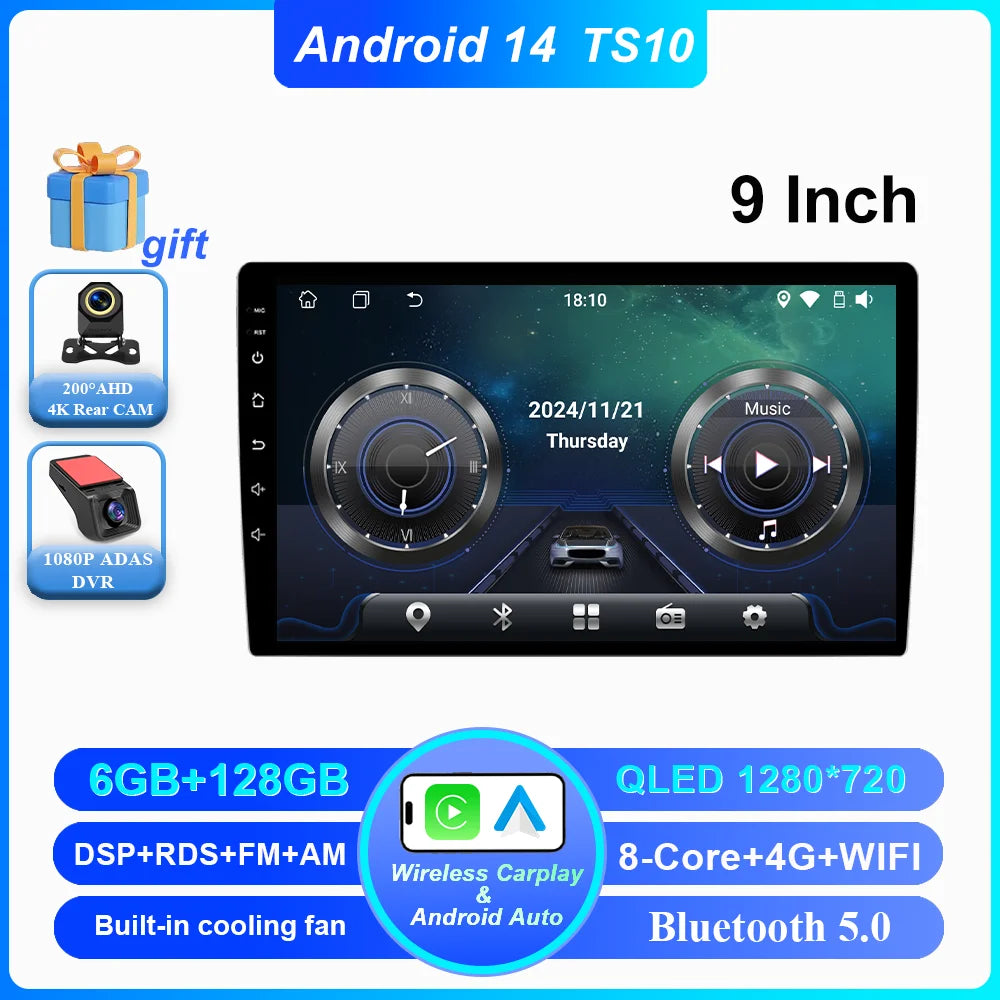 Android 14 CarPlay car radio Android Auto GPS multimedia player 2 DIN universal 9/10 inch Car stereo WiFi player QLED Screen BT