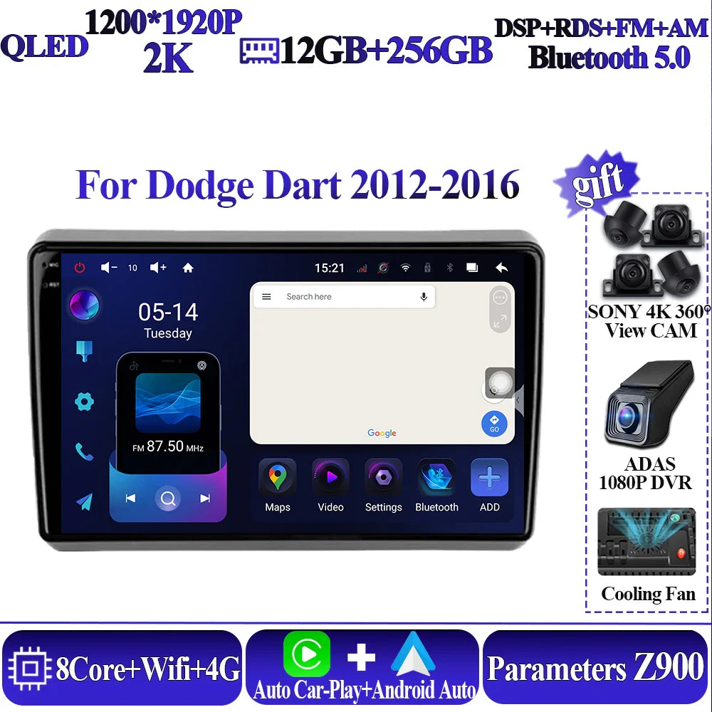 Wireless Android Auto Carplay For Dodge Dart 2012-2016 Car Multimedia Player 5G Wifi GPS Intelligent System 8 core Touch Display
