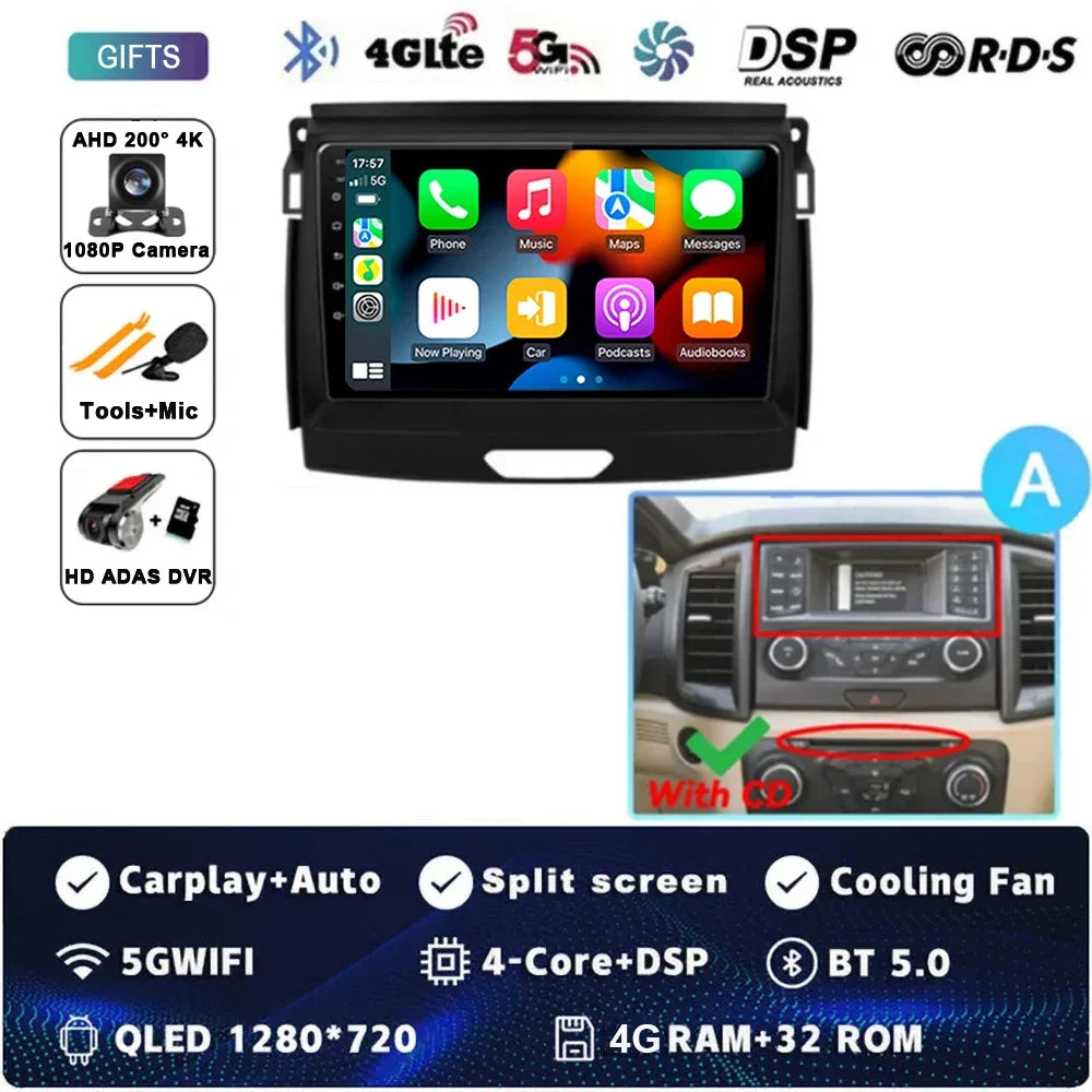 Android 15 Car Radio Stereo QLED Screen For Ford Ranger 2015 2016 2017 2018 2019-2022 GPS Multimedia Carplay Autoradio Head unit