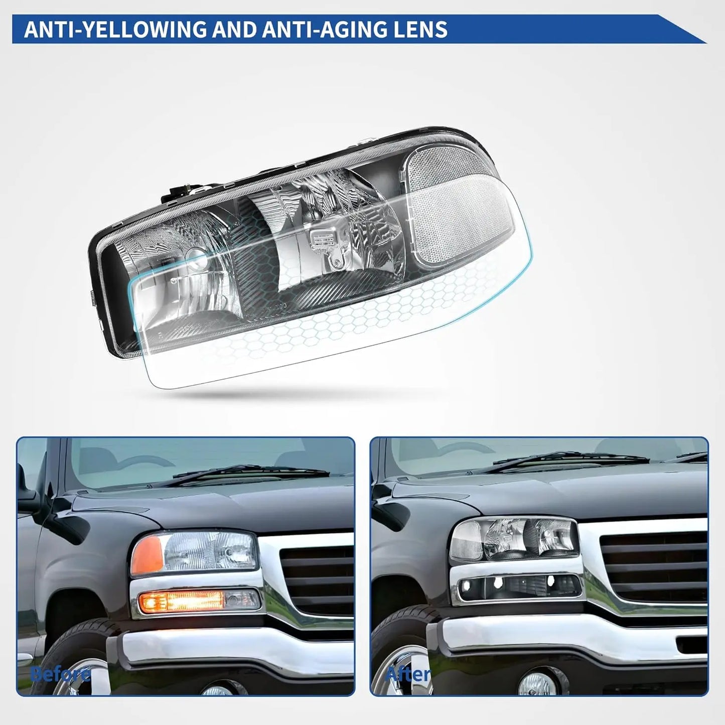 Headlight Assembly Compatible with 1999 2000 2001 2002 2003 2004 2005 2006 GMC Sierra 1500 2500 3500/00-06 GMC Yukon Headlamp wi