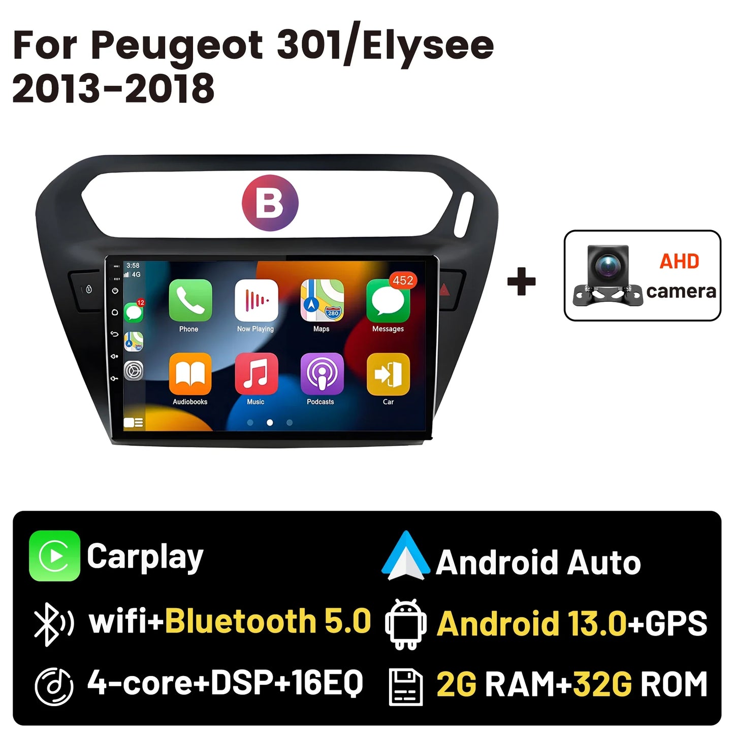 Wireless CarPlay Android Auto Car Bluetooth Radio For Peugeot 301 Citroen Elysee 2013-2018 2Din Android 14 DSP GPS FM Autoradio