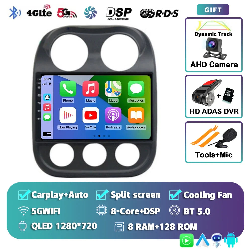 Android 14 For Jeep Compass Patriot 2010- 2016 2K QLED Android Car Radio Multimedia Video Player GPS AI Voice CarPlay Head Unit