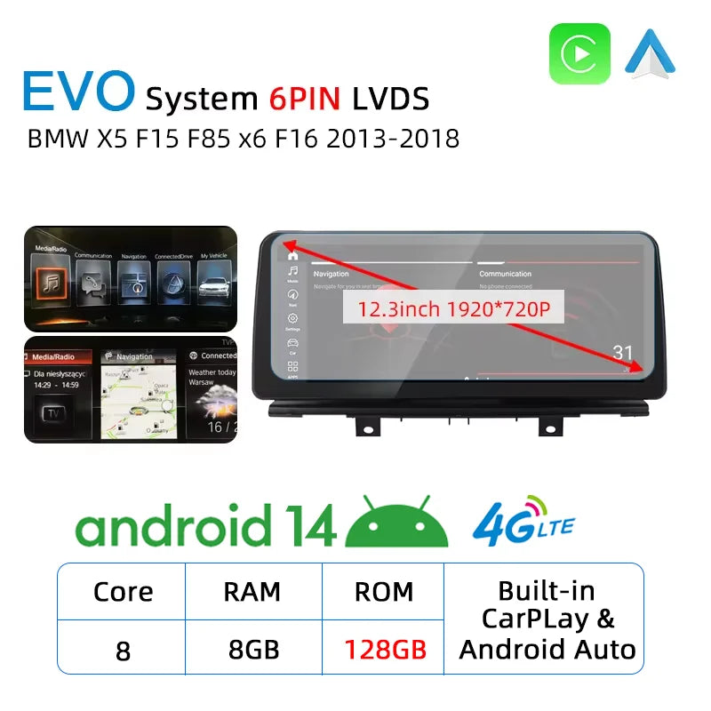 New Android 14 Auto Wireless CarPlay For BMW X5 F15 X6 F16 F85 2013-2018 Car Multiemdia Player GPS Stereo 4G WiFi Head Unit