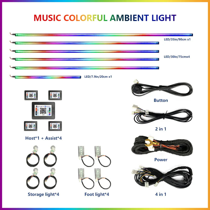 Upgraded Car Ambient Light LED Interior Lighting Kit RGB App Control Multi-Mode Decorative Car Light Ambient Lamp Footwell Light