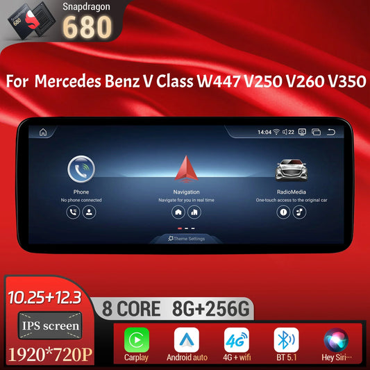 Car Radio For Mercedes Benz V Class W447 V250 V260 V350 Android 14 4G Wireless BT Carplay Snapdragon 680 Head Unit Touch Screen