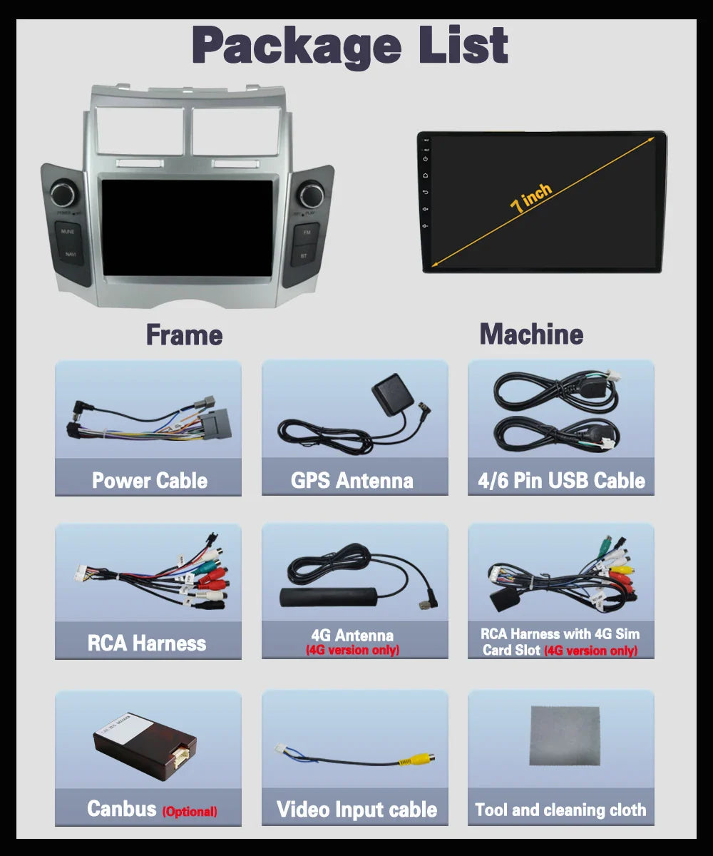 7'' Android 14 Car Radio For Toyota Yaris XP90 Vitz Platz 2005-2012 GPS Navigation Stereo CarPlay Auto Multimedia 4G WIFI Player