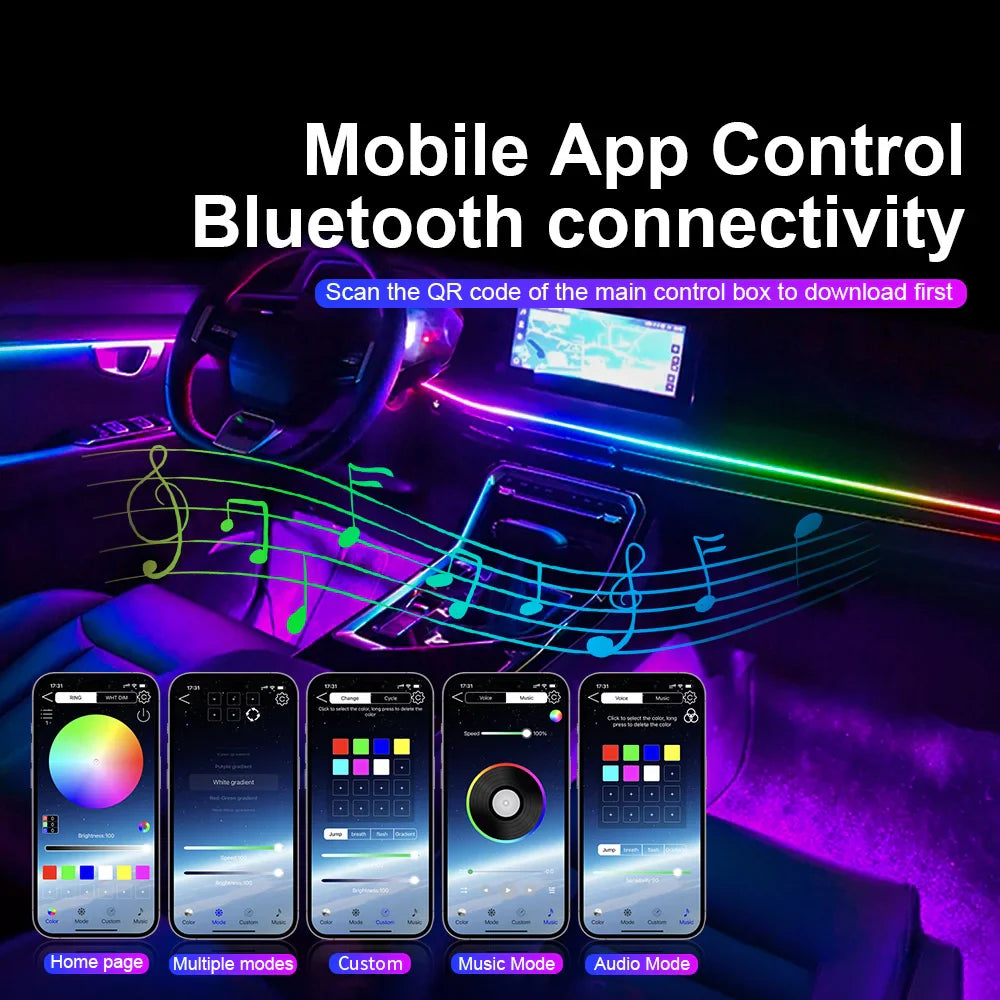 14/18 in 1 Led Car Ambient Lights RGB Symphony 213 Color Rainbow Acrylic Strips Atmosphere Lamp Kit Support One Zone Dual Zone